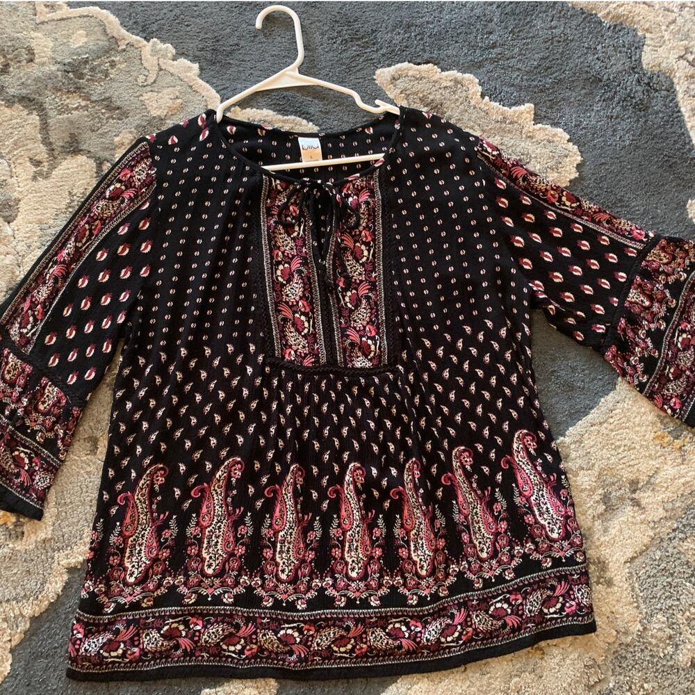 BILA Bohemian Peasant Black Paisley Tie Front Rayon Gauzy Top Size L